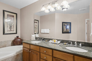 bathtub and sinks with bathroom amenities