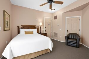 Hotel bedroom with a king bed