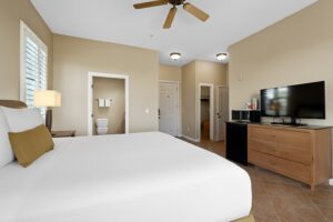 room with one king bed, furniture and appliances