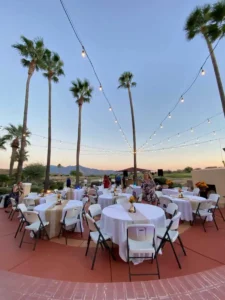 Tables and chairs arranged for a social event