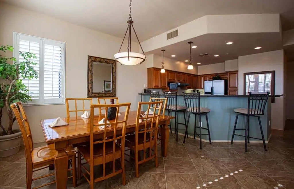Hotel suite for extended stays in AZ with full kitchen and dining area for six at Canoa Ranch Green Valley.
